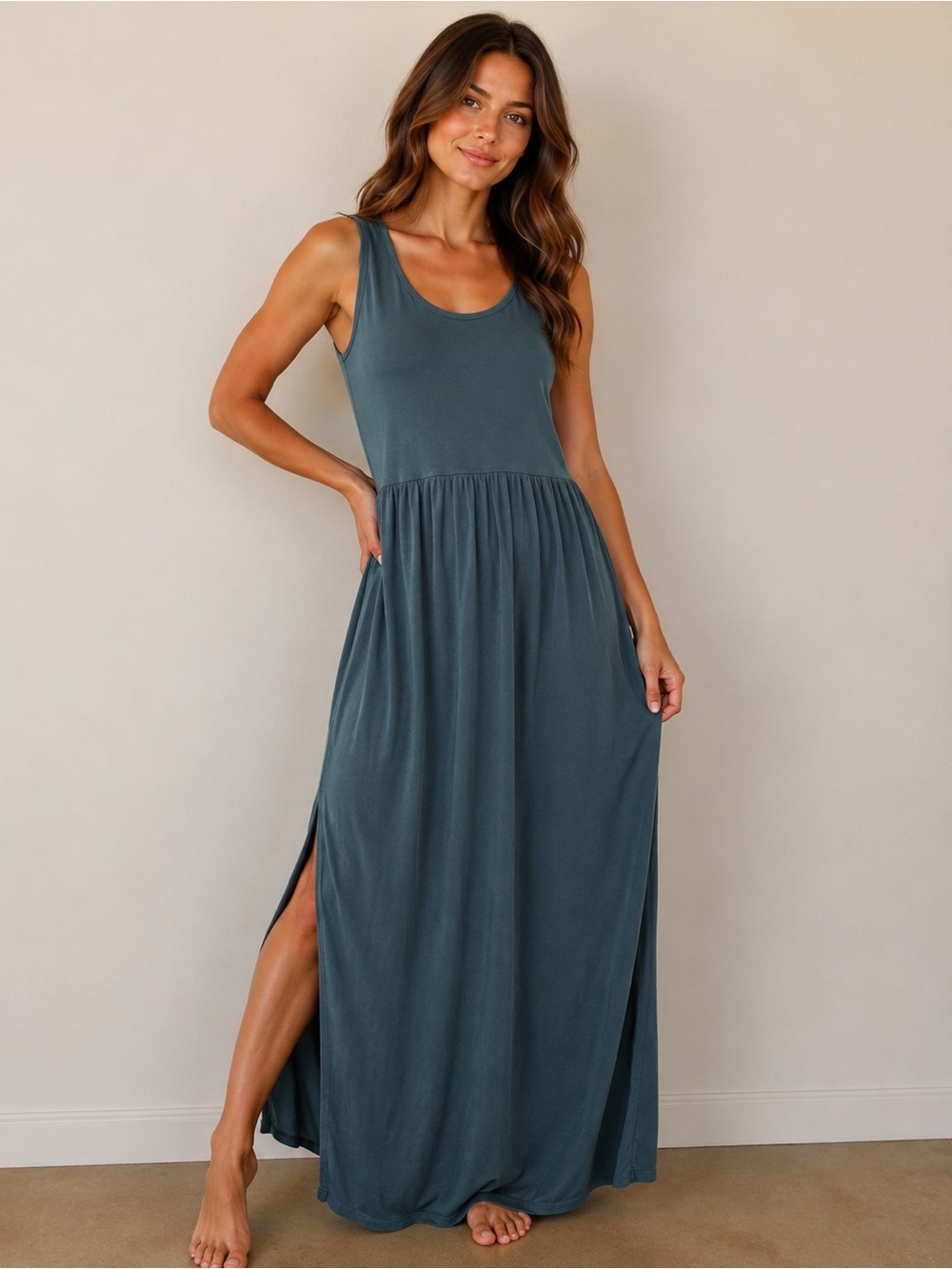 Scoop Neck Sleeveless Maxi Dress in Slate Teal